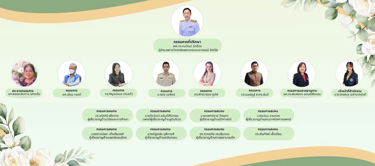 ผังคณะกรรมการจริยธรรมการวิจัยในคน: กรรมการที่ปรึกษา ผศ.ดร.คมวัฒน์ รุ่งเรือง ผู้อำนวยการวิทยาลัยพยาบาลบรมราชชนนี จักรีรัช, ประธานกรรมการ, กรรมการ, กรรมการและเลขานุการ, เจ้าหน้าที่สำนักงาน และกรรมการสมทบผู้เชี่ยวชาญ